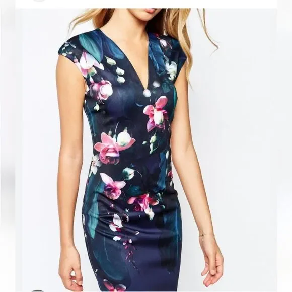 Ted Baker 'Antonya' Fuchsia Floral Midi Dress Size 3 US 8 - Picture 3 of 10